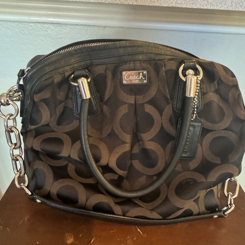 Coach Signature Brown Purse Shoulder Bag With Gold Chain Removable Strap